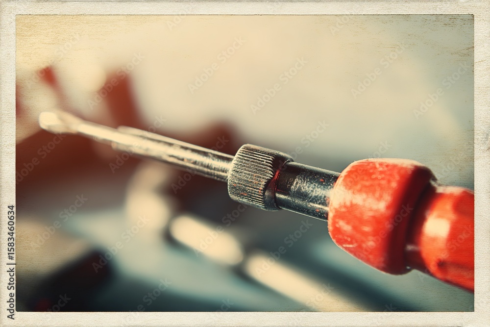 Poster close-up of a screwdriver with intricate details showcasing craftsmanship in a workshop setting