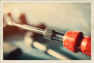 Close-up of a screwdriver with intricate details showcasing craftsmanship in a workshop setting