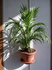 Obraz premium Photorealistic close-up of a vibrant green leafy potted plant, such as a Boston fern or spider plant, hanging in a simple terracotta pot at a sunlit doorway.