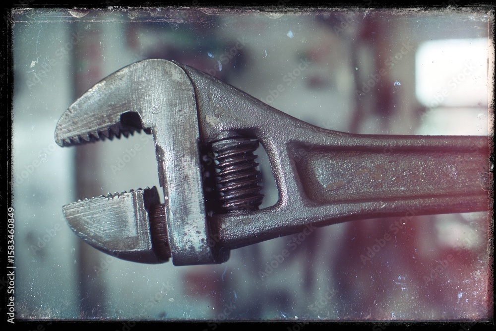 Poster close-up of an adjustable wrench showcasing detail and texture in a workshop setting during daylight