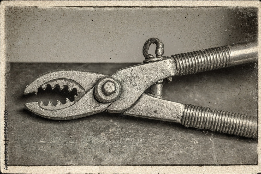Poster vintage metal pliers resting on a textured surface with a simple backdrop indicating a workspace set