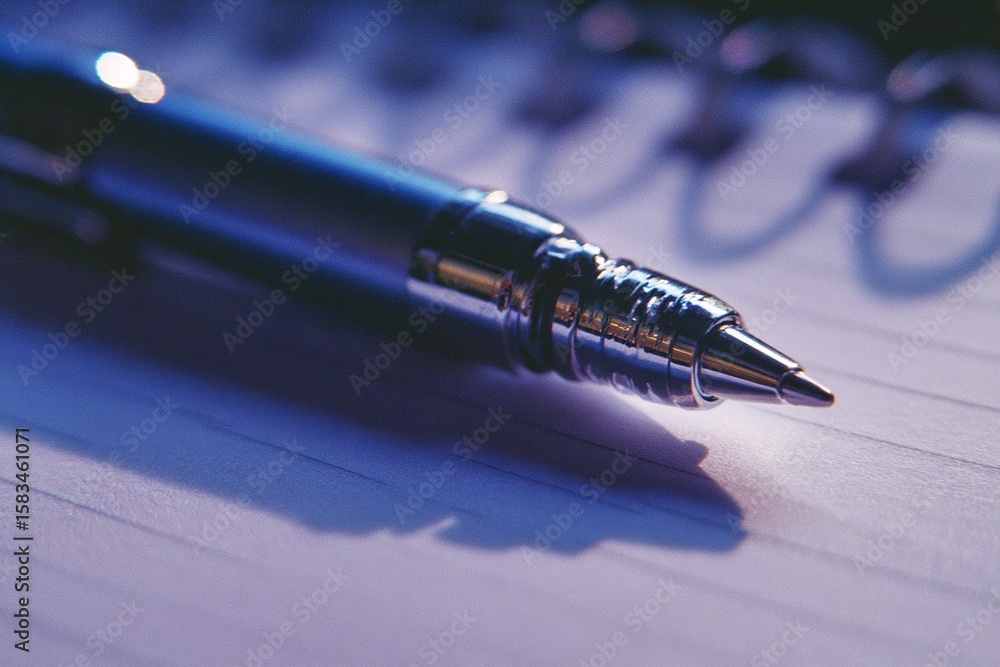 Aufkleber close-up of a sleek pen lying on a notebook with an artistic play of light and shadow in a writing s