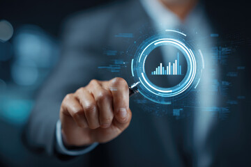 Businessman check data analytics and perform online evaluations of businesses using a virtual interface