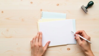 Obraz premium Person writing on blank paper with pen on wooden desk background 