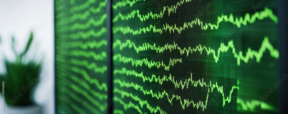 Poster a close-up of a digital screen displaying fluctuating green waveform data with a blurred plant in th