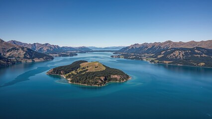 Obraz premium Aerial perspective of a serene lake