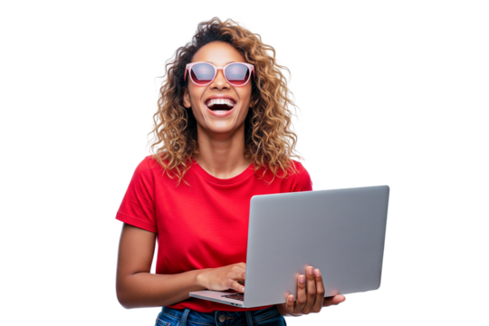 young woman wearing red t shirt with laptop on white