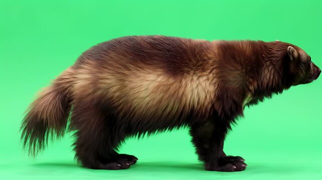 Stocky Wolverine (Gulo gulo) Profile Studio Shot Against a Bright Green Background, Showcasing its Distinctive Brown Fur and Bushy Tail