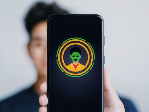 A smartphone screen displays a green face avatar surrounded by colorful circular progress bars, held by a person blurred in the background.