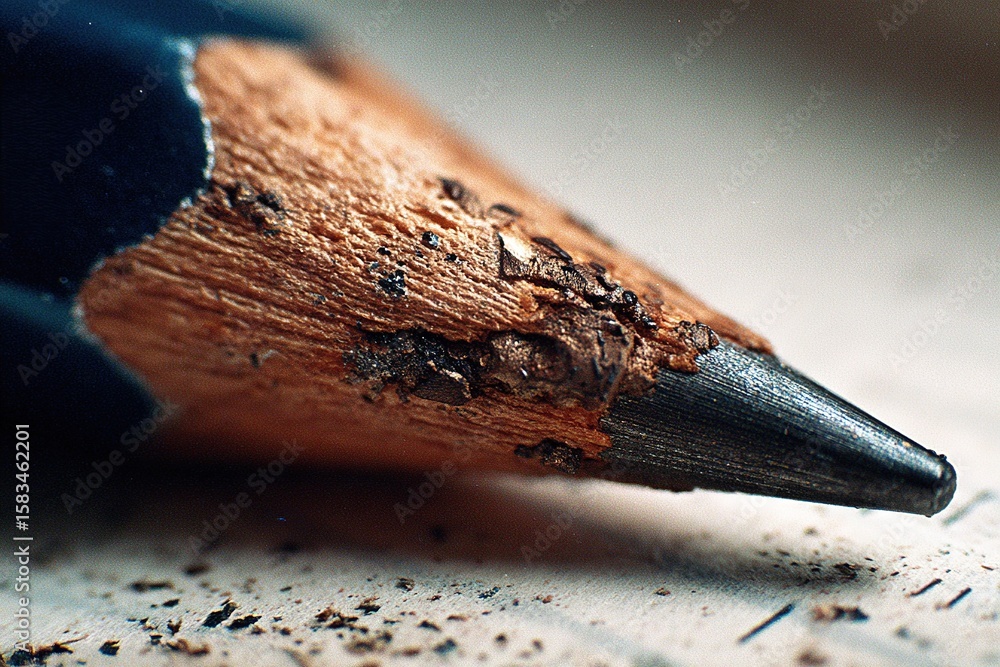 Poster close-up view of a sharpened pencil showing wear and texture on a wooden surface