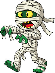 Funny cartoon green mummy – Halloween character clipart with yellow eyes, bandages, and spooky walk, perfect for kids party designs, crafts, and decorations