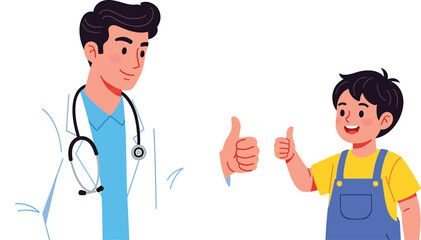 Fototapeta premium A smiling doctor with a stethoscope stands near a happy child giving a thumbs up gesture.