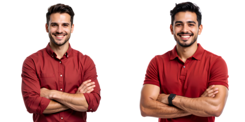 Smiling Young Male in Casual Red Shirt, Arms Folded, Slight Side View, Transparent Background PNG (2).png