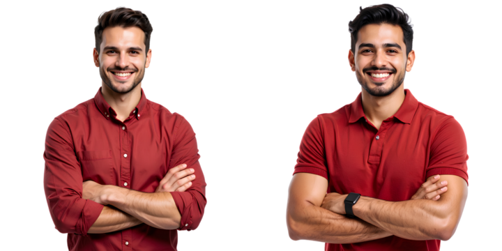 Smiling Young Male in Casual Red Shirt, Arms Folded, Slight Side View, Transparent Background PNG (2).png