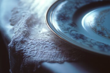 Elegant porcelain plate resting on a lace tablecloth at a dining setting during a quiet evening meal