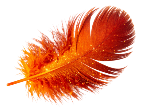 Glowing phoenix feather with embers and magical sparkles, isolated on a transparent background