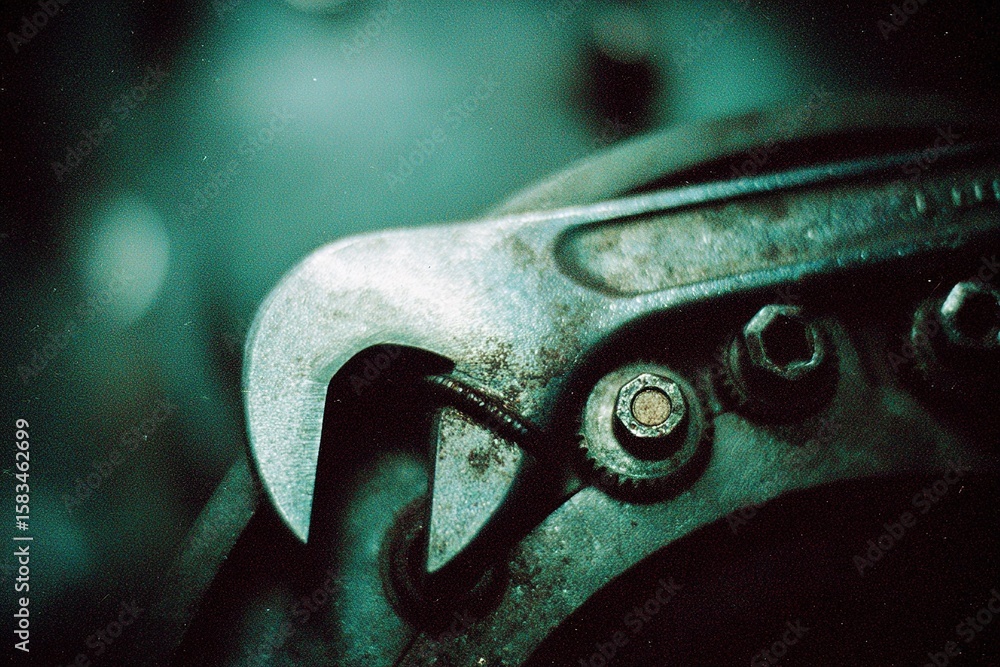Poster close-up of a rusty adjustable wrench resting on metallic fasteners in a dimly lit workshop