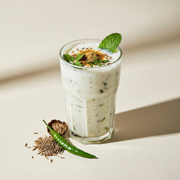 A tall glass of chilled Indian buttermilk (chaas) spiced with cumin and herbs, with foam on top and mint garnish, offering a refreshing summer drink