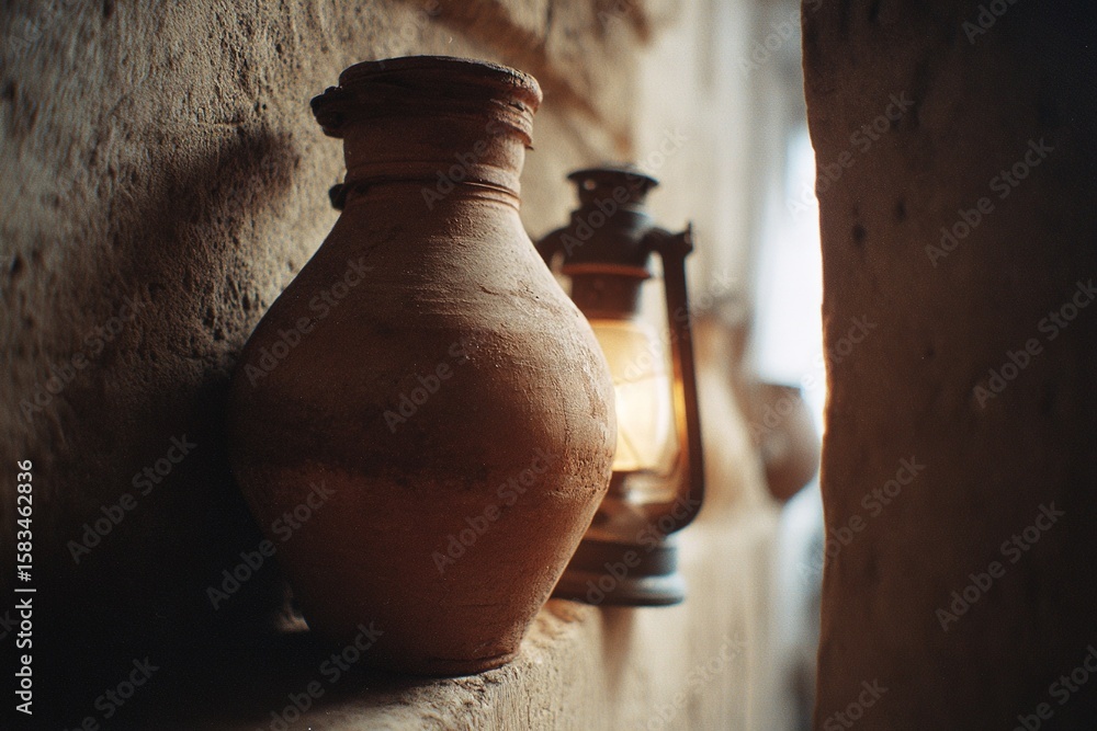 Poster clay pot and lantern on a stone surface in a rustic setting at dusk