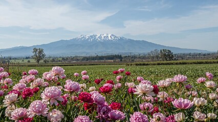 Fototapeta premium Colorful peonies flourishing in a rural landscape with snow-covered mountains