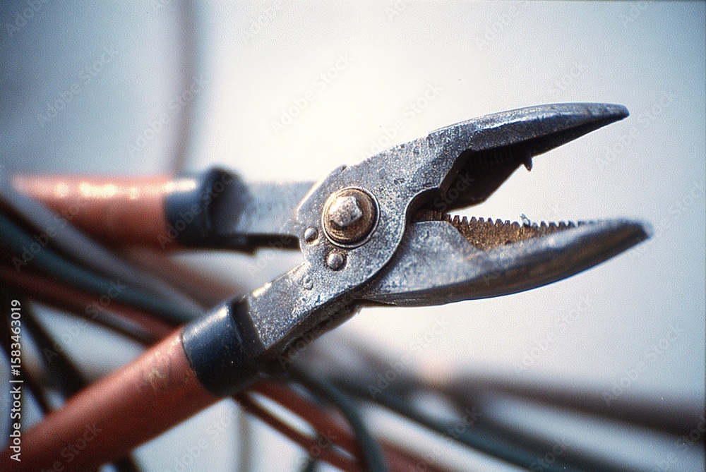 Poster close-up of rusty pliers resting on tangled wires in a workshop during daylight, showcasing decades 