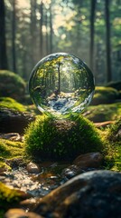 A crystal ball rests on moss, reflecting a sunlit forest