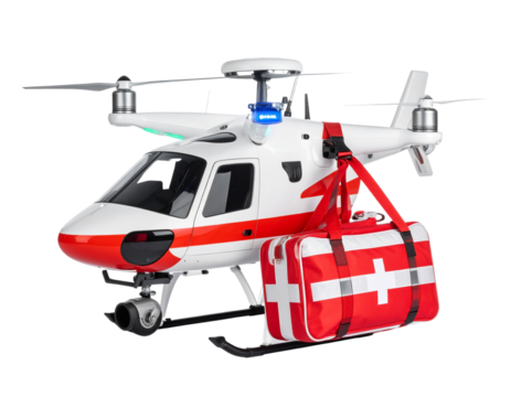 Emergency Drone Hovering with First Aid Kit, Tilted Side View, Isolated on White