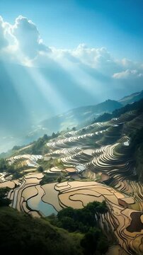 Terraced Rice Fields Illuminated by Morning Sunbeams