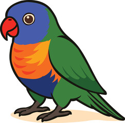 Bright and vibrant cartoon fully editable vector illustration of a rainbow lorikeet parrot with green wings, blue head, and orange chest. Perfect for educational materials, children’s books, stickers.