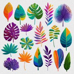 Fototapeta premium Colorful tropical leaves clip art set, vibrant coloration, white background, watercolor illustration style, flat design, high resolution, professional digital artwork, colorful, clipart.