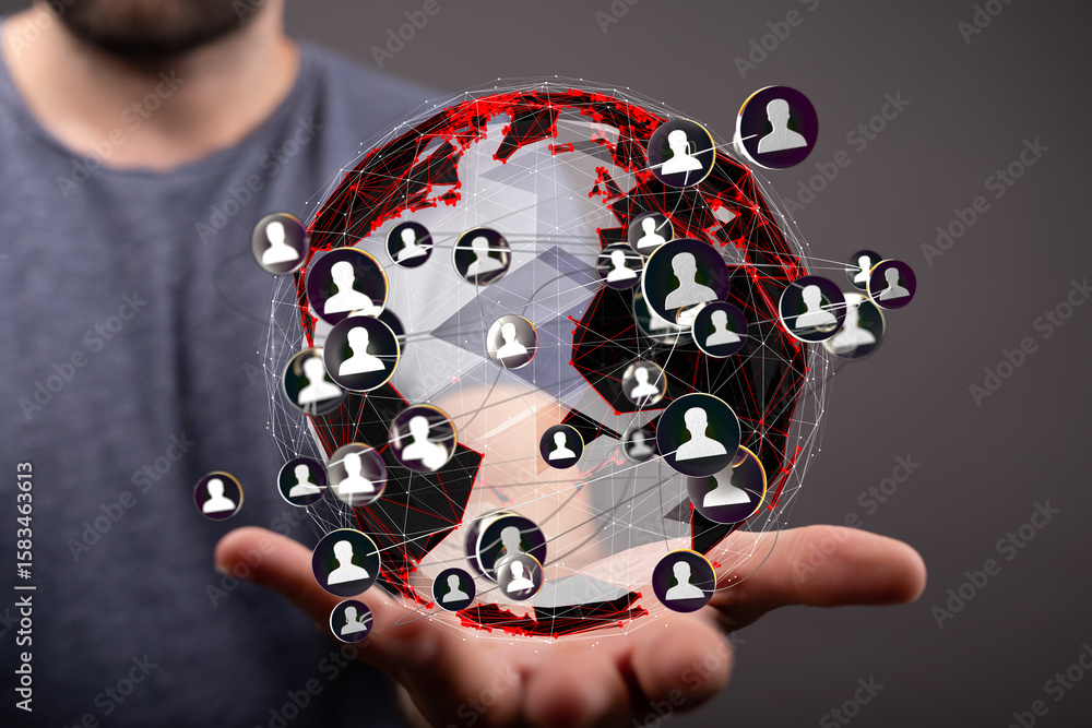 Poster image of a person holding a digital globe representing global networking and connections.
