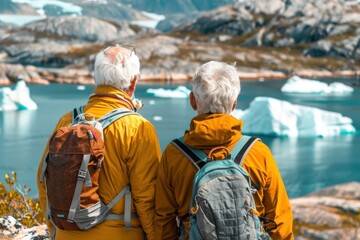 Fototapeta premium Exploring the stunning icy shores with friends on a bright day in nature’s untouched arctic landscape