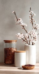 White vases, jars, and blossoms on a light wood surface