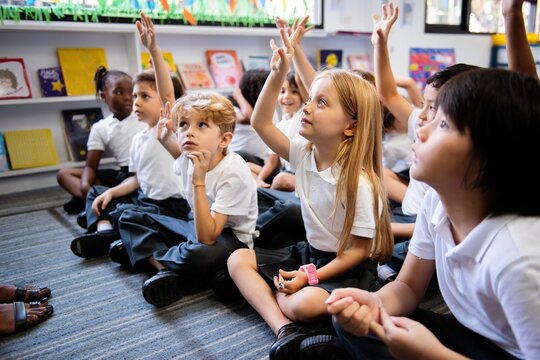 Diverse group of young students, boys and girls, sit on the floor in a classroom raising hands. Diverse students raise their hands, engaged in a classroom activity. Students raise hand in classroom.