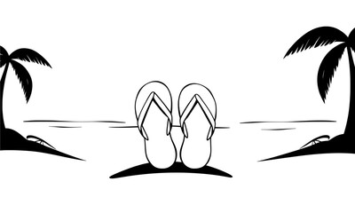Flat vector black cartoon flip flops resting on a sunny beach surrounded by palm trees