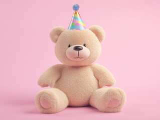 Teddy bear wearing a party hat, 3D render on solid color background