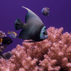 Obraz premium Angelfish Paradise: A Vibrant Macro Shot of Fish Among Coral on Purple.
