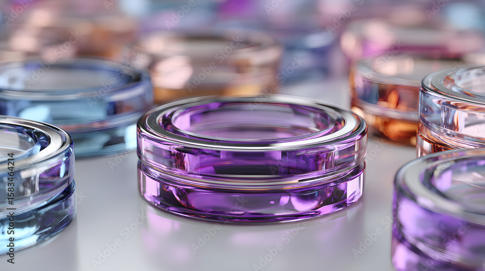 Poster multiple transparent semiconductor cpu chips in blue, light blue and purple are rotating slowly on a