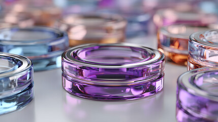 Multiple transparent semiconductor cpu chips in blue, light blue and purple are rotating slowly on a white background, creating an abstract technological composition