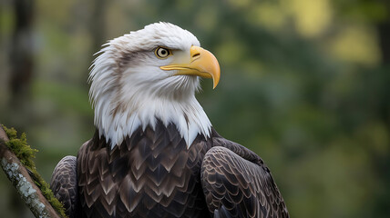 Obraz premium Majestic Bald Eagle Perched Peacefully on a Branch with a Green Forest Background in Stunning Detail and Sharp Focus