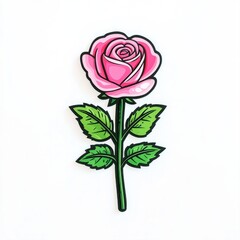 Fototapeta premium Pink Rose Illustration with Green Leaves on a Clean White Background