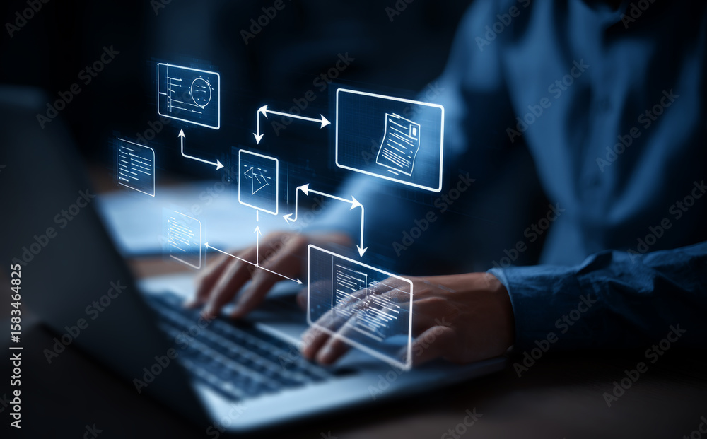 Poster person using a laptop computer with a flow chart diagram and document icons on a virtual screen