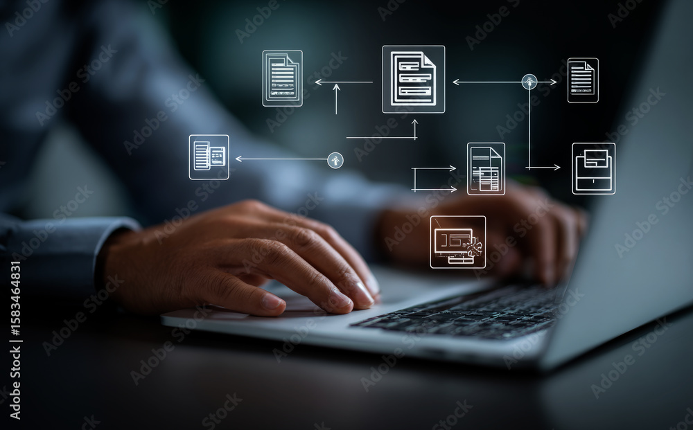 Poster person using a laptop computer with a flow chart diagram and document icons on a virtual screen
