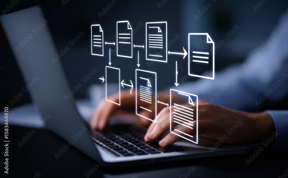 Poster person using a laptop computer with a flow chart diagram and document icons on a virtual screen