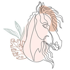 Continuous Line Horse Drawing with Botanical Elements Vector