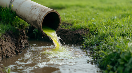 Pipe discharging green liquid into a ditch with grass background. Focus on the liquid and the drainage. Environmental impact concept.
