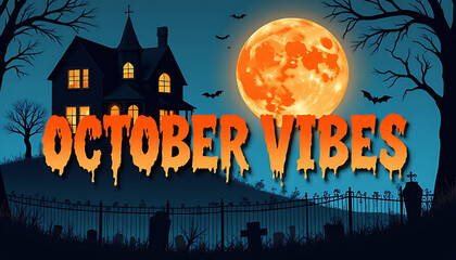 Spooky october vibes with a haunted house and full moon