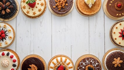 Overhead view of a white wooden backdrop with various cakes bordering one side, leaving central space for text. Cakes include Black Forest, lemon, carrot, red velvet, chocolate, and cheesecake