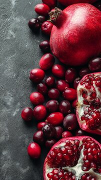 Vertical composition of whole and halved pomegranate with scattered cranberries on a textured dark surface