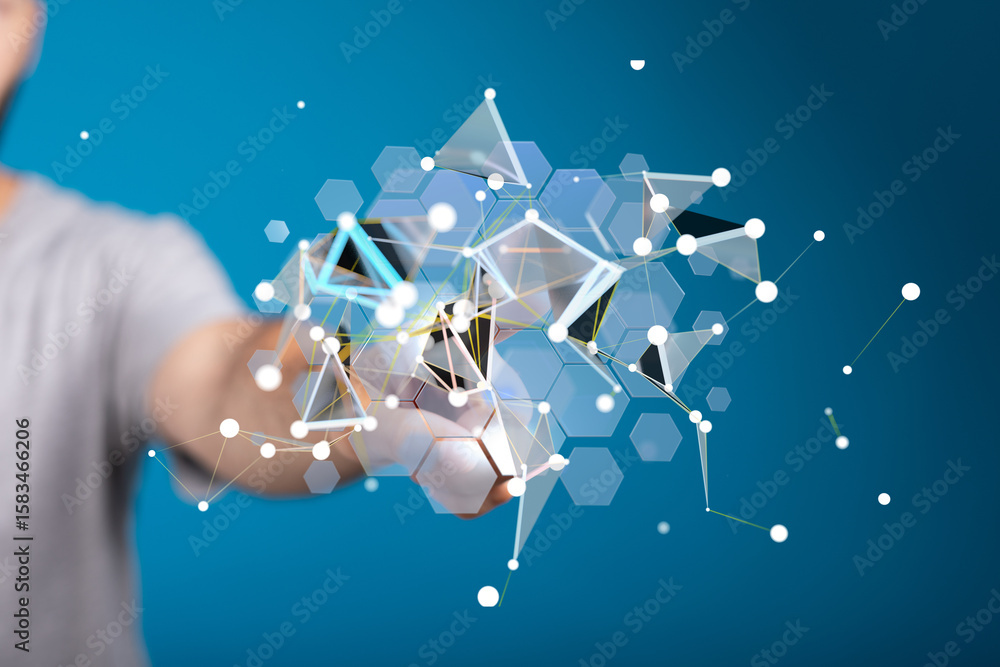 Poster abstract image of a hand interacting with a complex digital network, representing technology, connec